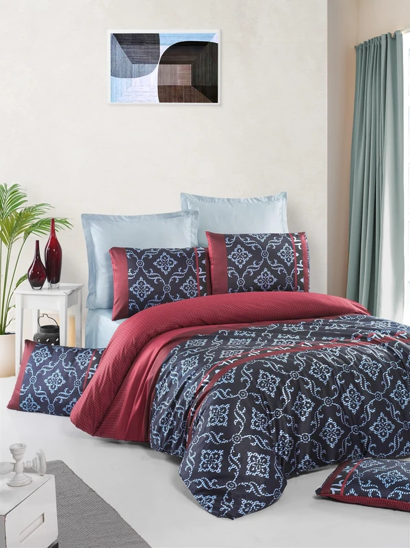 Luxurious Satin Double Quilt Cover Set (200 x 200 cm), 100% Cotton, 210 Thread Count, Red/Black/Light Blue, Machine Washable, Envelope & Button Closure, Elegant Bedding for Modern Bedrooms