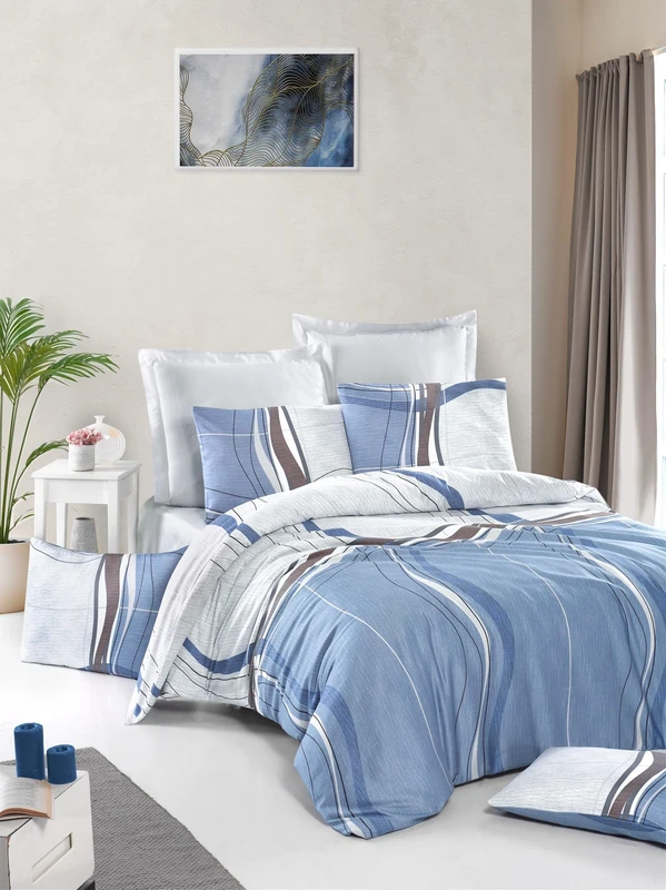 Nuit Des Rêves Luxurious Satin Single XXL Quilt Cover Set, 155 x 220 cm, 100% Cotton, 210 Thread Count, Machine Washable, White/Blue/Brown, Elegant Design, Twin - Image 1