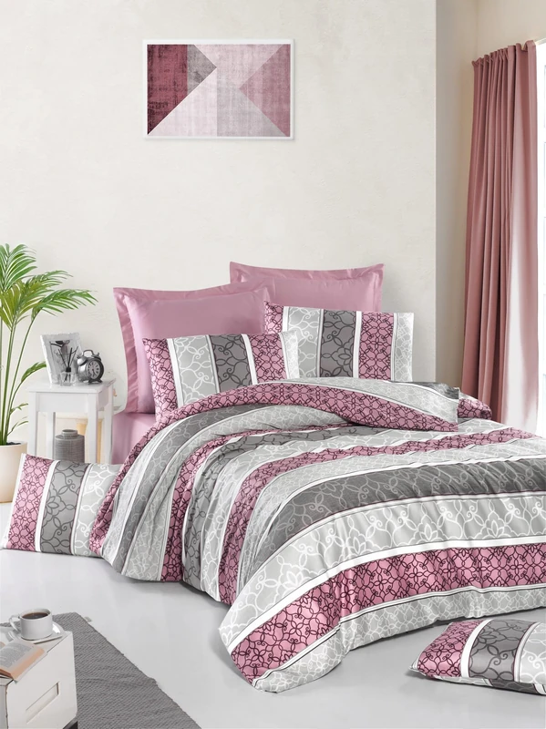 Nuit Des Rêves Elegant Satin Quilt Cover Set (135 x 200 cm), 100% Cotton, Dusty Rose & Grey, 210 Thread Count, Machine Washable, Envelope & Button Closure, Luxurious Comfort