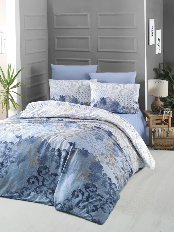 Nuit Des Rêves Luxurious Satin Single XL Quilt Cover Set, 155 x 200 cm, 100% Cotton, 210 Thread Count, Blue/White/Brown, Machine Washable, Elegant Design - Image 1