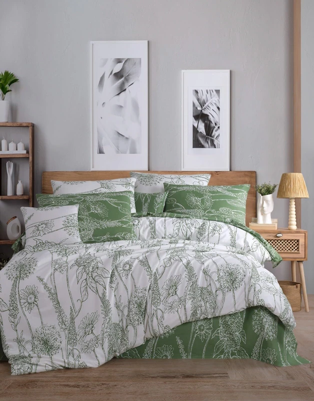 Nuit Des Rêves 100% Cotton Ranforce Single Quilt Cover Set, White & Green, 135 x 200 cm Duvet & 80 x 80 cm Pillowcase, Machine Washable at 40°C, Soft & Stylish