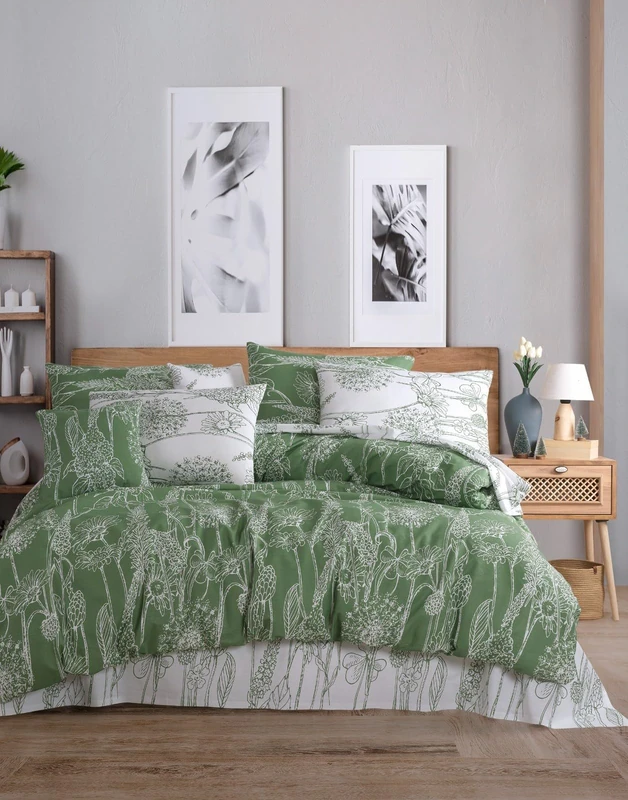 Nuit Des Rêves Ranforce Double Quilt Cover Set (200 x 200 cm), 100% Cotton, Green & White, Includes 2 Pillowcases (80 x 80 cm), Machine Washable at 40°C, Soft and Durable - Image 1