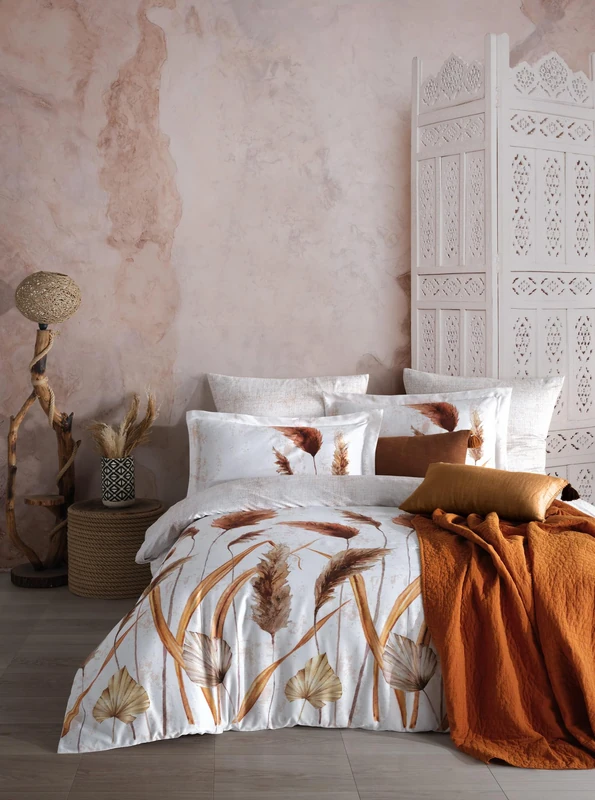 Nuit Des Rêves Luxurious Satin Quilt Cover Set (135 x 200 cm), 100% Cotton, 210 Thread Count | Includes 1 Pillowcase (80 x 80 cm) | Machine Washable, Elegant White, Orange & Brown Design