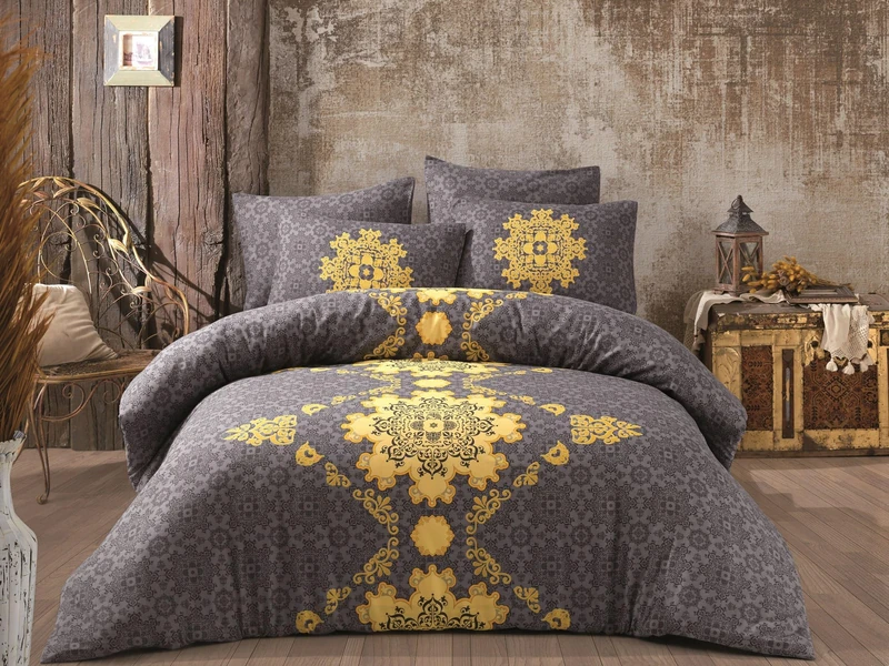 Nuit Des Rêves Ranforce Double Quilt Cover Set (200 x 200 cm), 100% Cotton, Grey & Yellow, 2 Pillowcases (80 x 80 cm), Machine Washable, 140 Thread Count, Button Closure