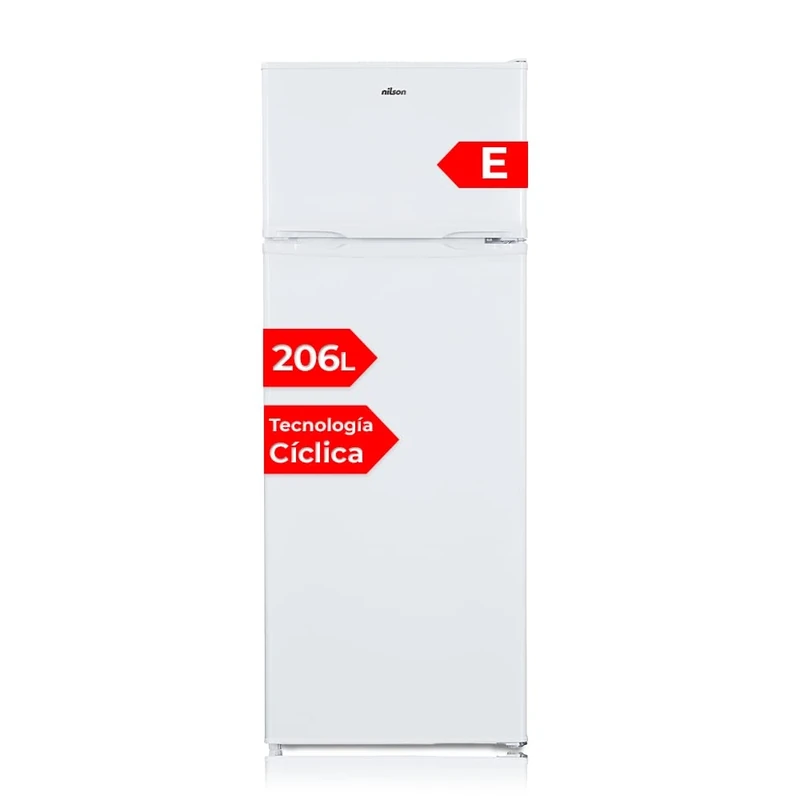 Nilson Frigorífico 2 Puertas Blanco NF145500E. Capacidad 206 Litros, Puerta Reversible, Bajo Nivel Sonoro, Eficiencia Energética Clase E
