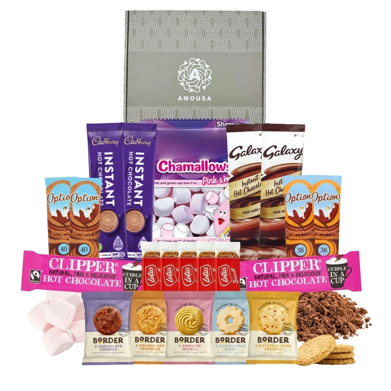 Hot Chocolate Gift Set - This Hot Chocolate Hamper includes 10x Mixed Sachets, 1x pack of Marshmallows, 5x Biscoff Biscuits & 5x 2pk Border Biscuits. Gift Set for Women, Men & Children.