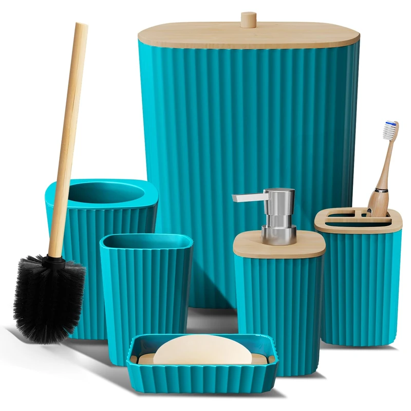 Clara Clark Bathroom Set - Teal Bathroom Accessories Set, 6PC Bathroom Accessory Set, Bathroom Sets with Toilet Brush, Trash Can & Soap Dispenser
