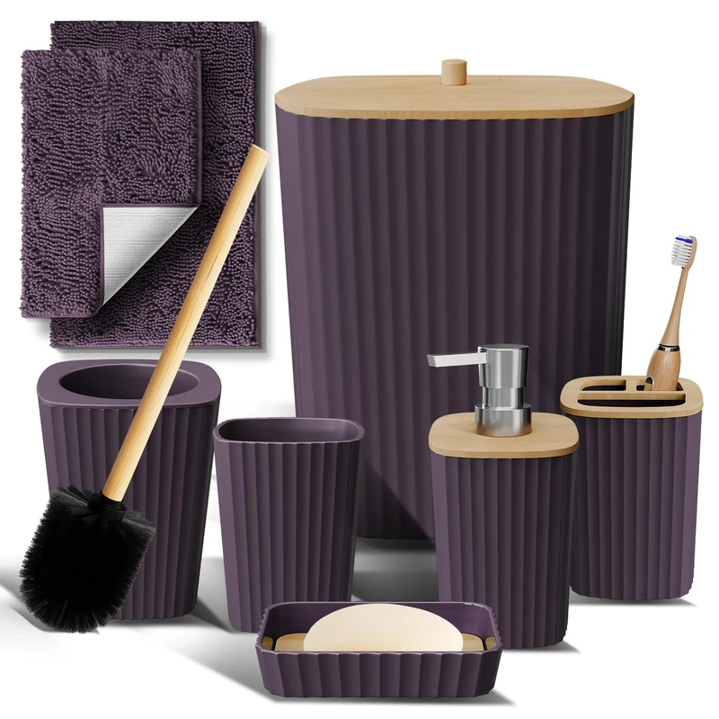Clara Clark Bathroom Set - Purple Bathroom Accessories Set, 6PC Bathroom Accessory Set, Bathroom Sets with Bathroom Rugs, Toilet Brush, Trash Can & Soap Dispenser