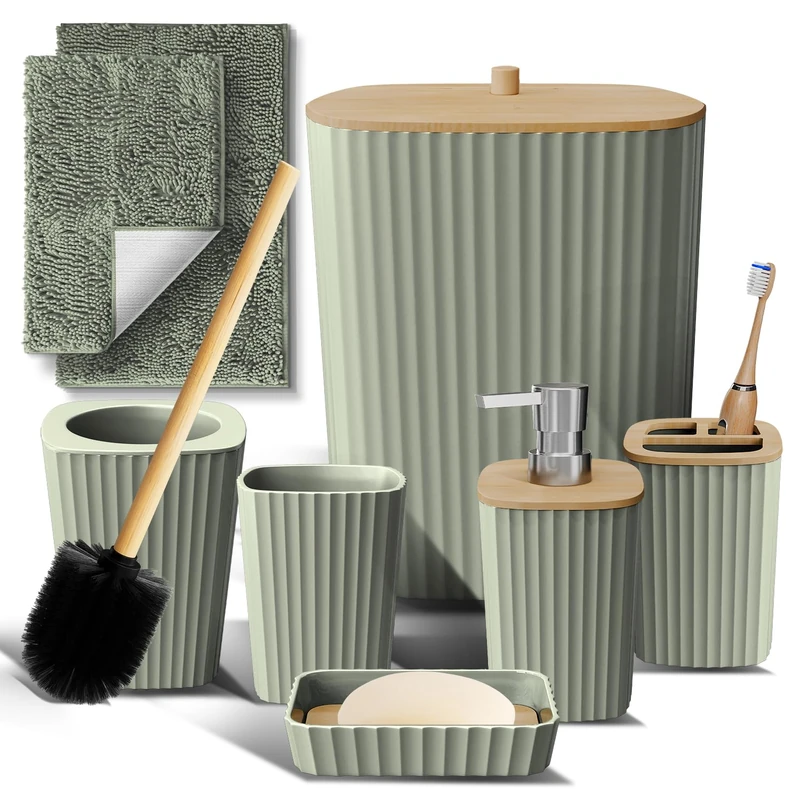 Clara Clark Bathroom Set - Sage Green Bathroom Accessories Set, 6PC Bathroom Accessory Set, Bathroom Sets with Bathroom Rugs, Toilet Brush, Trash Can & Soap Dispenser