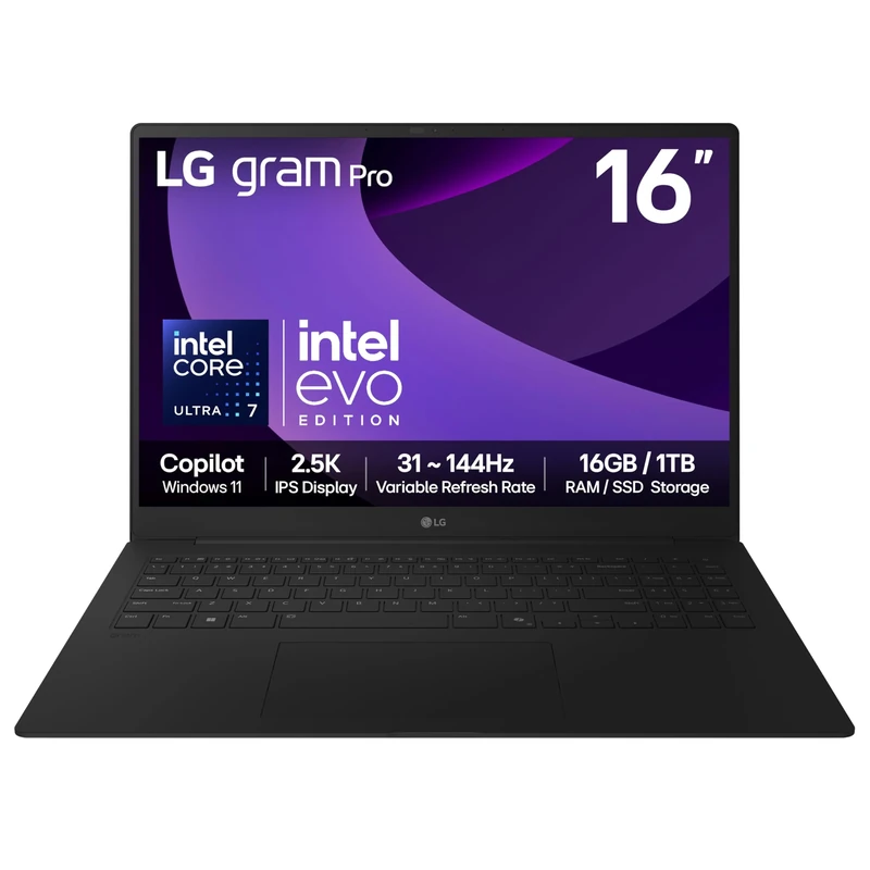 LG gram Pro 16Z90TP - 16 Inch 2.5K IPS 144Hz VRR, Ultra-Lightweight Laptop, Intel Core Ultra 7 255H - EVO Edition, 16GB RAM, 1TB SSD, Windows 11 Home, gram Hybrid AI, Copilot, Black (2025)