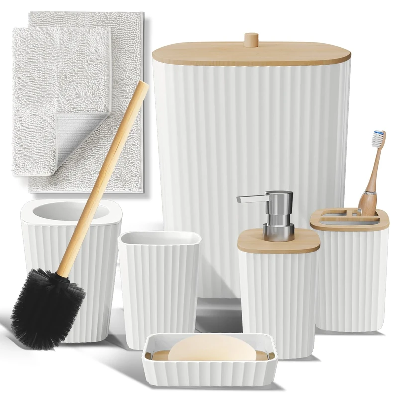 Clara Clark Bathroom Set - White Bathroom Accessories Set, 6PC Bathroom Accessory Set, Bathroom Sets with Bathroom Rugs, Toilet Brush, Trash Can & Soap Dispenser