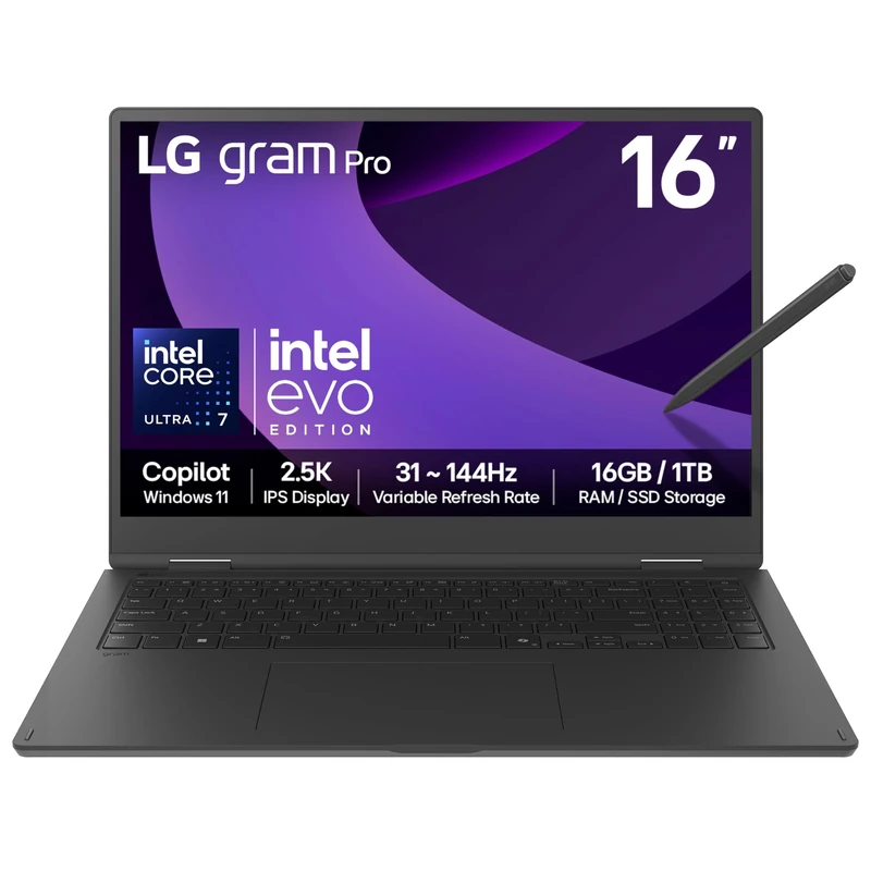 LG gram Pro 2in1 16T90TP - 16 Inch 2.5K IPS Touchscreen 144Hz VRR, Ultra-Lightweight 2-in-1 Laptop, Intel Core Ultra 7 255H, 16GB RAM, 1TB SSD, Windows 11 Home, gram Hybrid AI, Copilot, Black (2025)