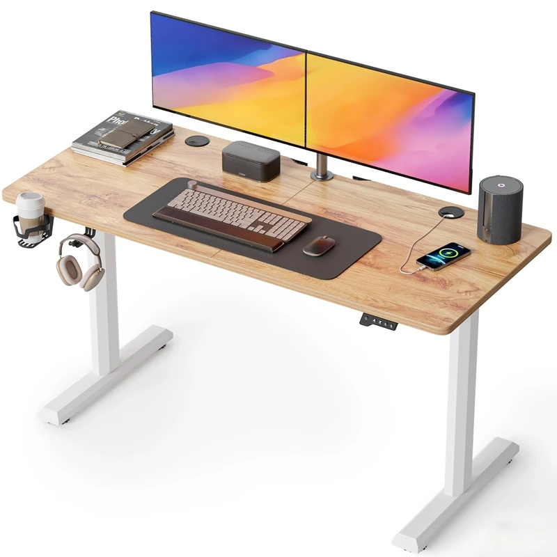 Cubiker 140 x 60cm Electric Height Adjustable Standing Desk, Home Office Table with Splice Board, Light Brown