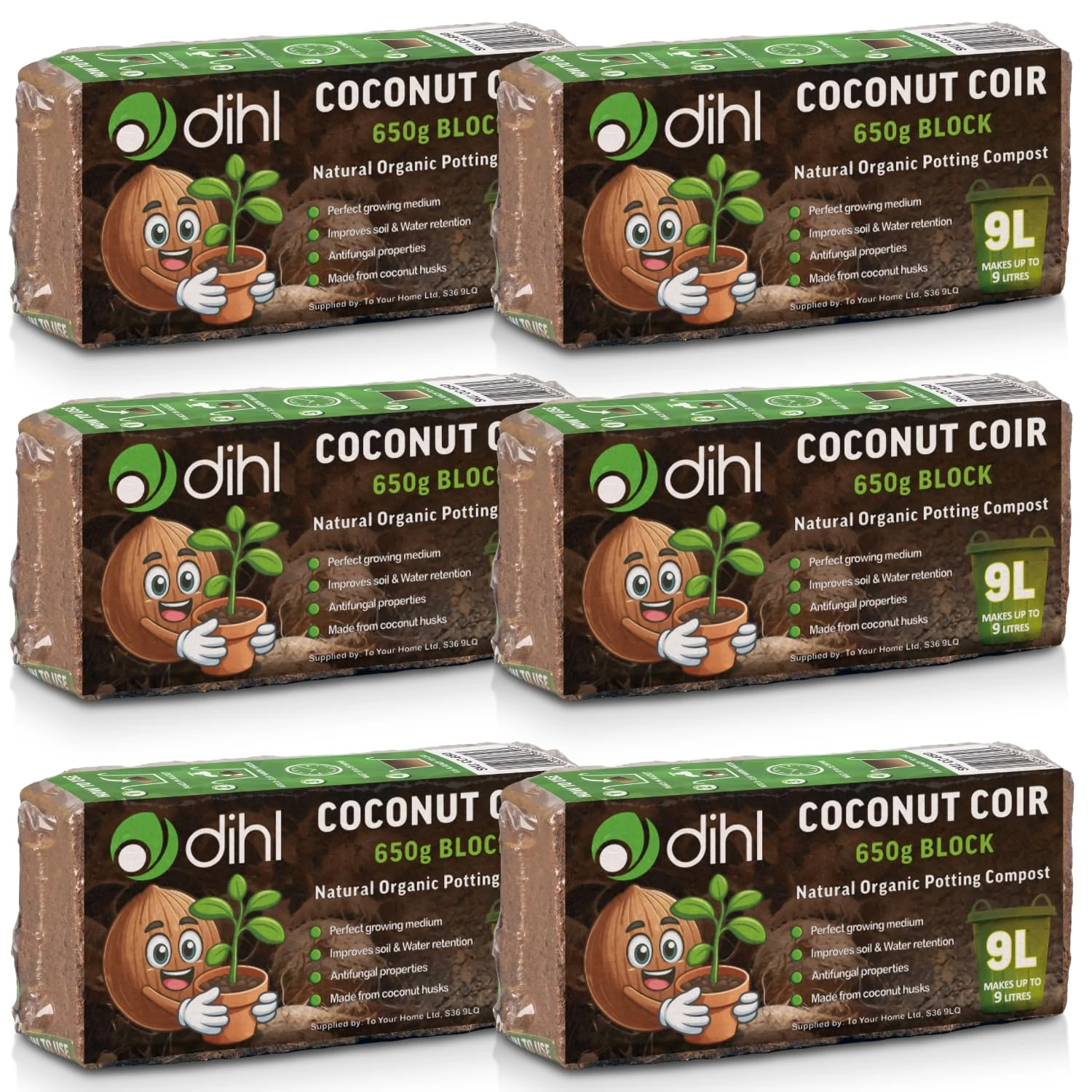 Dihl 6x 650g Organic Coconut Coco Coir Fibre Compost Block Bricks, 100% Natural Compressed Peat-Free Garden Growing Medium, Seedling Potting Bedding Soil, pH Balanced - 3.9 KG 54L