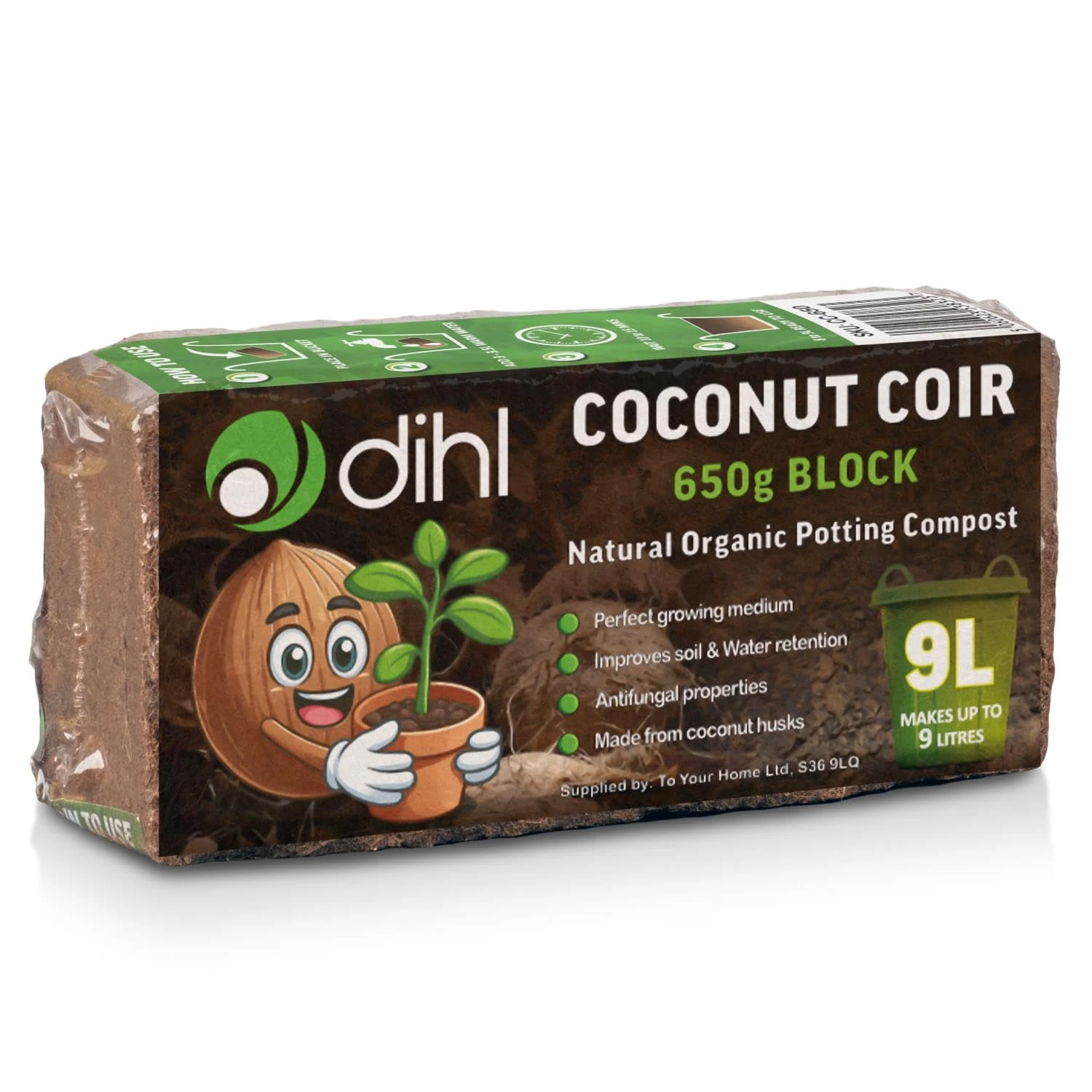 Dihl 650g Organic Coconut Coco Coir Fibre Compost Block Bricks, 100% Natural Compressed Peat-Free Garden Growing Medium, Seedling Potting Bedding Soil, pH Balanced