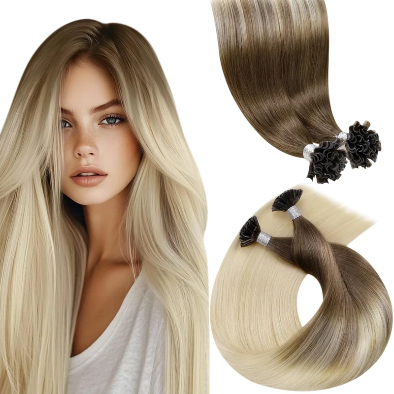 LaaVoo Human Hair Extensions U Tip Real Blonde, Remy Straight Balayage Light Brown to Bleach Blonde Real Hair Extensions, Hot Fusion for Invisible & Stable 50s 50g 16 Inch #8/59