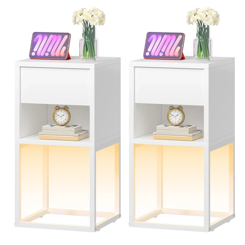 YITAHOME White Slim Bedside Table Set of 2, Slim Bedside Table with LED Lights, Narrow Wooden Nightstand with Drawer & Open Shelf Bedside Cabine, 30x30x60 cm