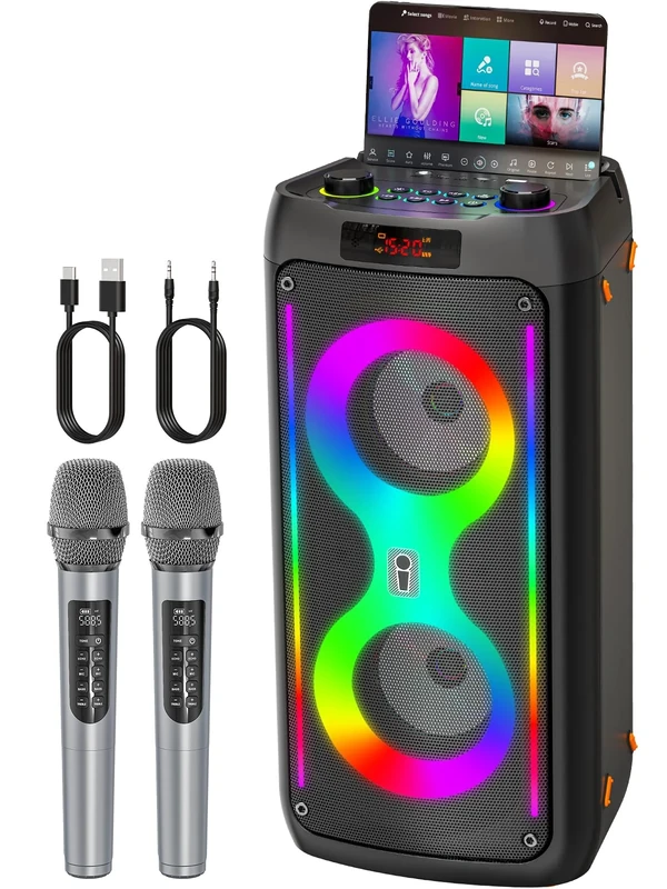 Karaoke Machine for Adults with 2 Wireless Microphones - Portable Bluetooth Speaker with LED Lights, Suitable for Outdoors, Parties & Home, Supports TF Card/USB/AUX/TWS