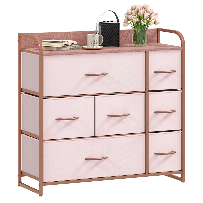 DWVO Chest of Drawers,Fabric Chest of Drawers Bedroom Cabinet with 7 Drawers,Dresser for Bedroom,Living Room With Handles,Wood Top and Sturdy Steel Frame,Pink