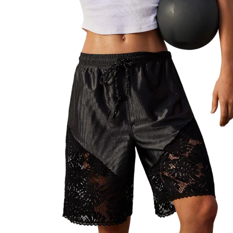 Vhitler Lace Satin High Waisted Bermuda Shorts Cute Basketball Shorts Y2k, Black, M