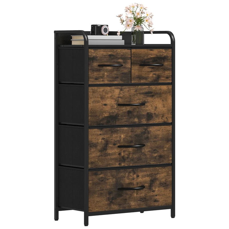DWVO Chest of Drawers,Fabric Chest of Drawers Bedroom Cabinet with 5 Drawers,Dresser for Bedroom,Living Room With Handles,Wood Top and Sturdy Steel Frame,Rustic Brown
