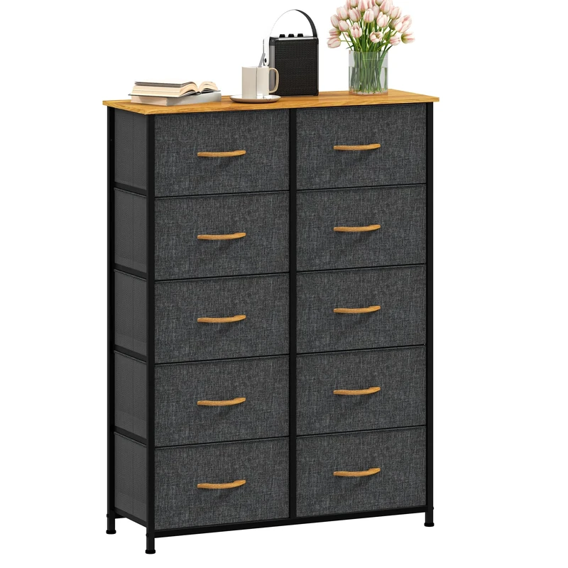 DWVO Chest of Drawers,Fabric Chest of Drawers Bedroom Cabinet with 10 Drawers,Dresser for Bedroom,Living Room With Handles,Wood Top and Sturdy Steel Frame,Dark Grey