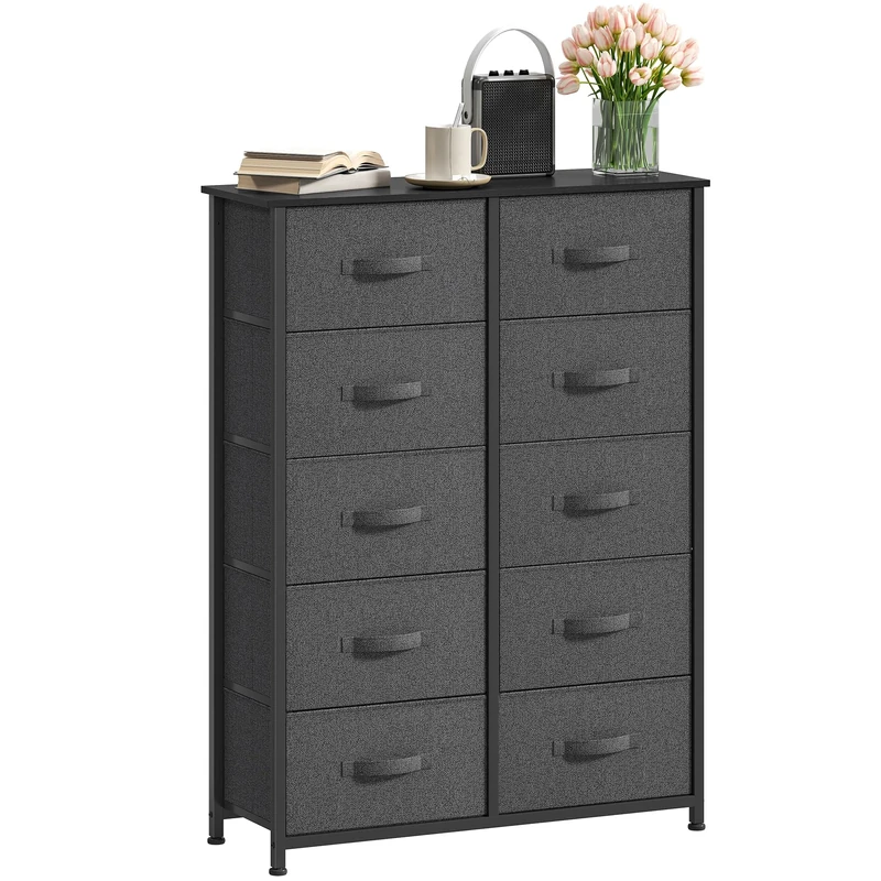 DWVO Chest of Drawers,Fabric Chest of Drawers Bedroom Cabinet with 10 Drawers,Dresser for Bedroom,Living Room With Handles,Wood Top and Sturdy Steel Frame, Deep Grey