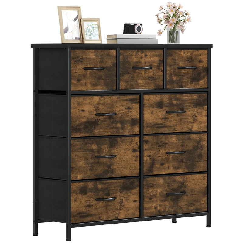 DWVO Chest of Drawers,Fabric Chest of Drawers Bedroom Cabinet with 9 Drawers,Dresser for Bedroom,Living Room With Handles,Wood Top and Sturdy Steel Frame,Rustic Brown