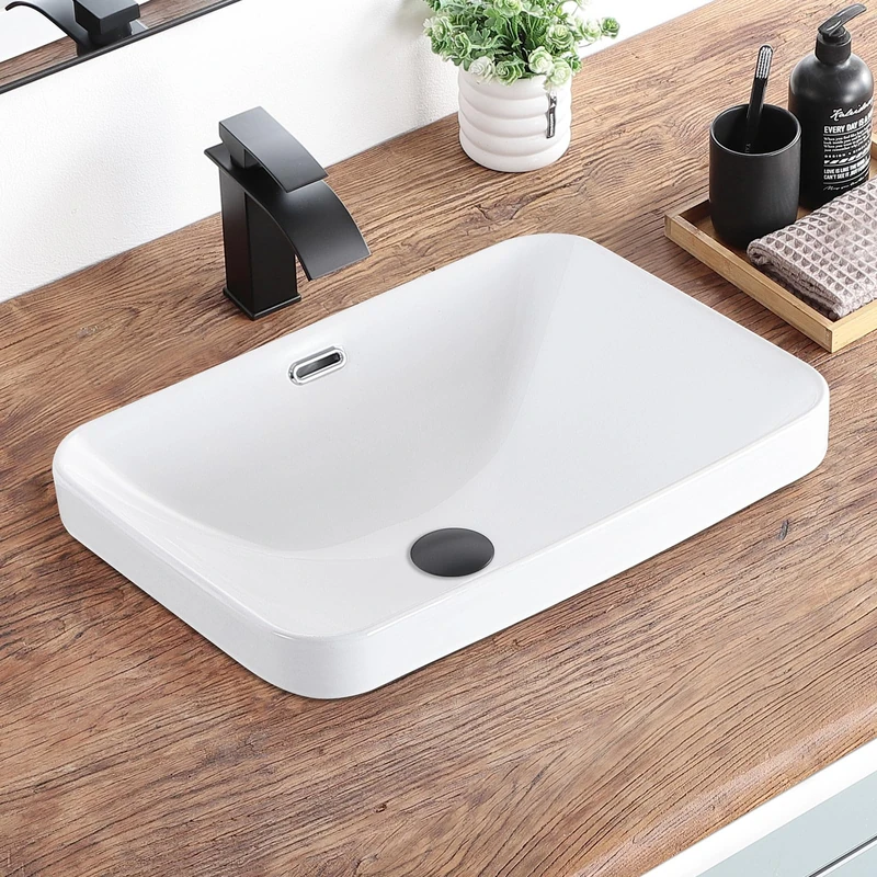 KDKSC Bathroom Vessel Sink 20.6'' x 14.7'' Semi Recessed Bathroom Sink Rectangular Drop in Sink with Overflow White Ceramic Modern Vessel Sinks for Bathroom