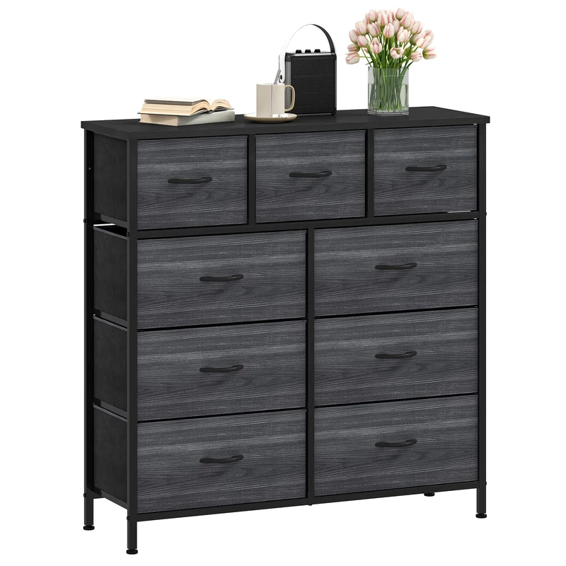 DWVO Chest of Drawers,Fabric Chest of Drawers Bedroom Cabinet with 9 Drawers,Dresser for Bedroom,Living Room With Handles,Wood Top and Sturdy Steel Frame,Charcoal Black Wood Grain