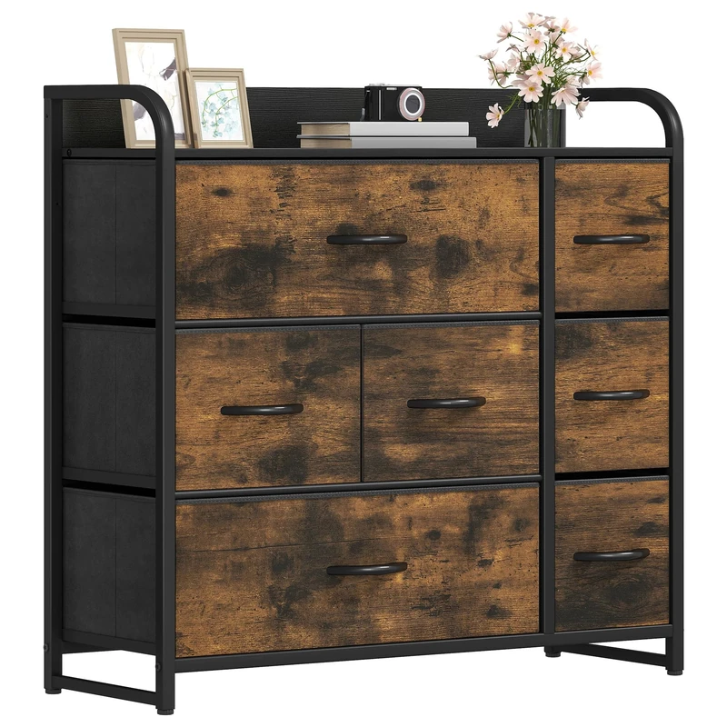 DWVO Chest of Drawers,Fabric Chest of Drawers Bedroom Cabinet with 7 Drawers,Dresser for Bedroom,Living Room With Handles,Wood Top and Sturdy Steel Frame,Rustic Brown