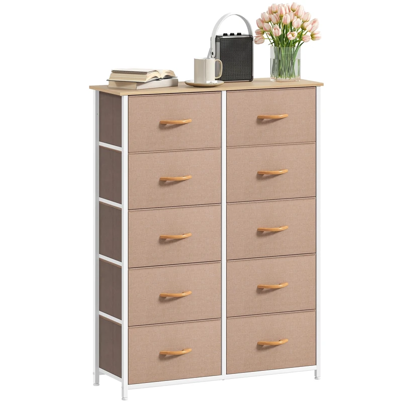 DWVO Chest of Drawers,Fabric Chest of Drawers Bedroom Cabinet with 10 Drawers,Dresser for Bedroom,Living Room With Handles,Wood Top and Sturdy Steel Frame, Cream White