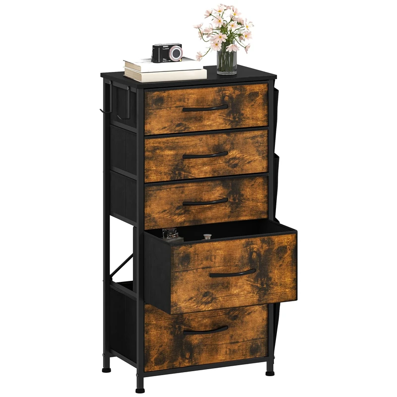 DWVO Narrow Chest of Drawers with 5 Drawers, Fabric Chest Drawers with Side Pocket&Hooks,Easy Pull Handle,Sturdy Steel Frame for Bedroom,Living Room,Rustic Brown