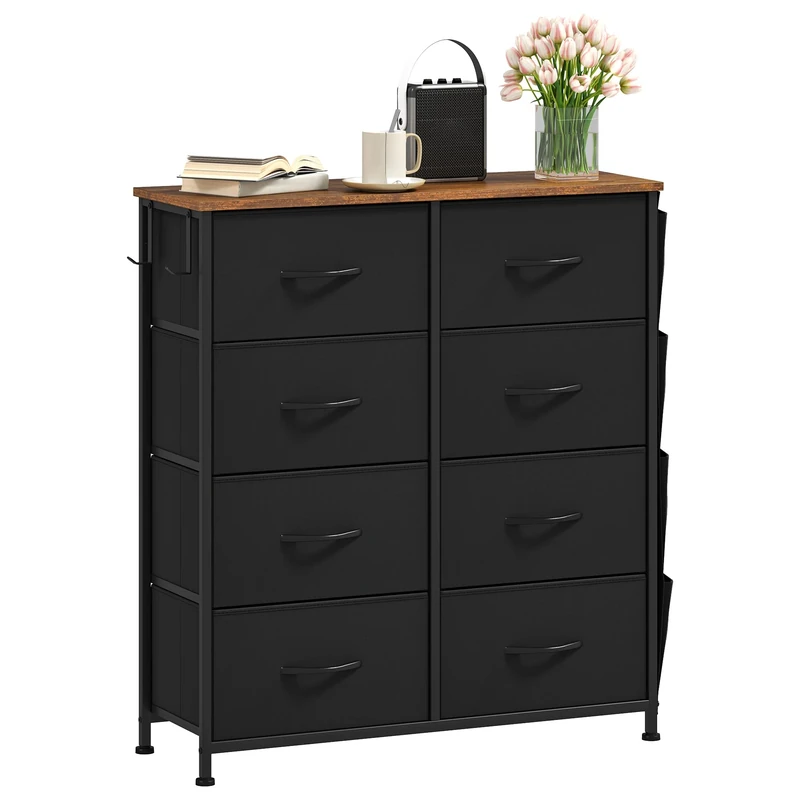DWVO Chest of Drawers with 8 Drawers, Fabric Chest Drawers with Side Pocket & Hooks,Easy Pull Handle,Sturdy Steel Frame,Wood Top Plate for Bedroom,Living Room,Black