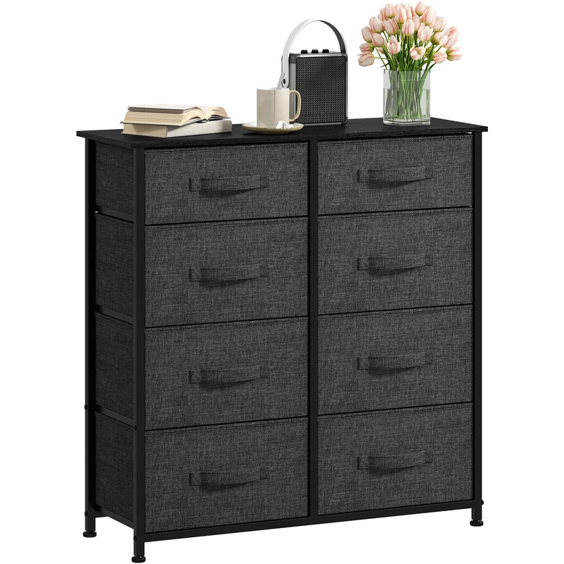 DWVO Chest of Drawers,Fabric Chest of Drawers Bedroom Cabinet with 8 Drawers,Dresser for Bedroom,Living Room With Handles,Wood Top and Sturdy Steel Frame, Dark Grey w/Fabric Handle