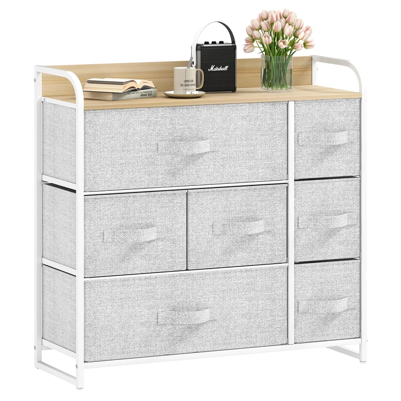 DWVO Chest of Drawers,Fabric Chest of Drawers Bedroom Cabinet with 7 Drawers,Dresser for Bedroom,Living Room With Handles,Wood Top and Sturdy Steel Frame, Light Grey