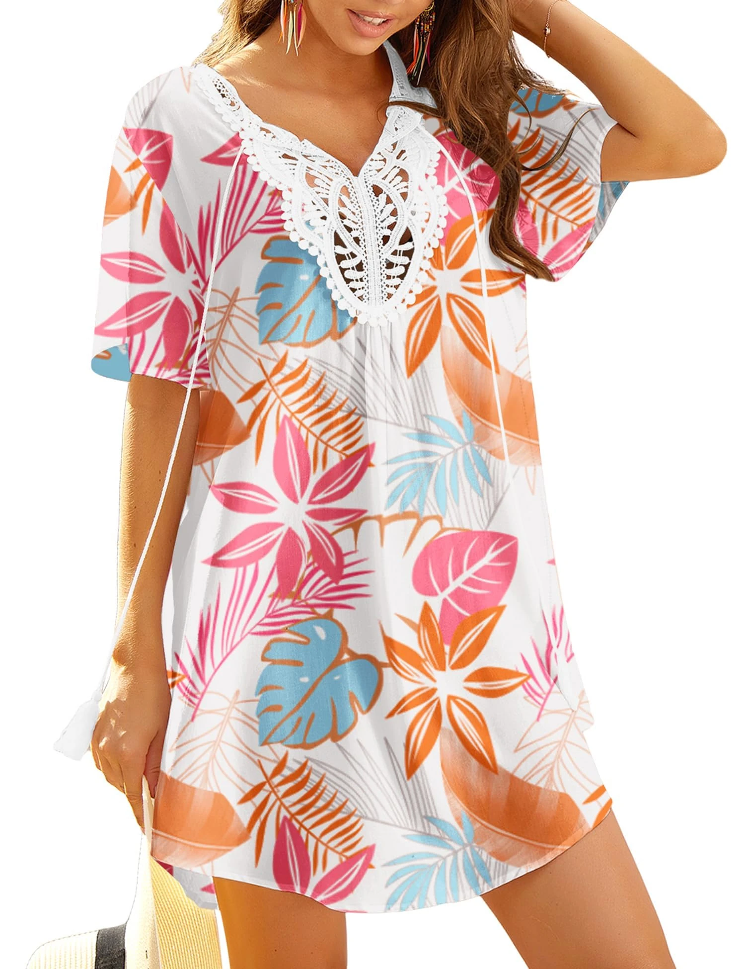 Ekouaer Women's Beach Cover Up Solid Color V-Neck Bikini Cover Up Lace Crochet Swimsuit Cover Up Pastel Jungle M