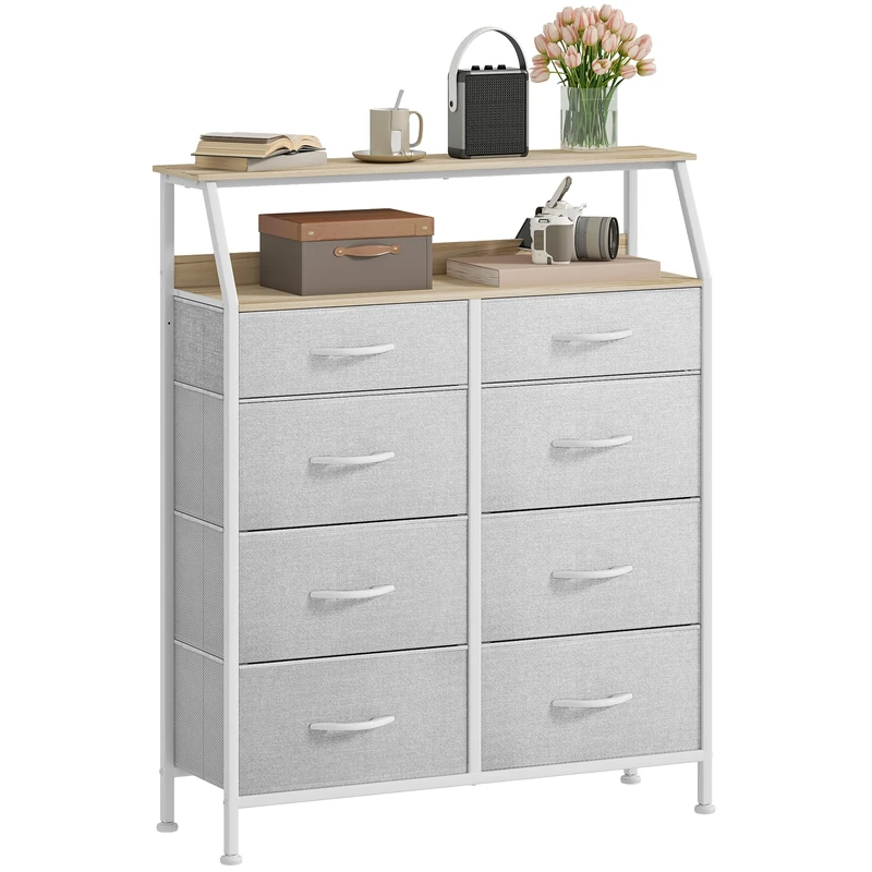 DWVO Chest of Drawers,Fabric Chest of Drawers Cabinet with 8 Drawers,Dresser for Bedroom,Living Room With Handles,Wood Top and Sturdy Steel Frame,Light Grey