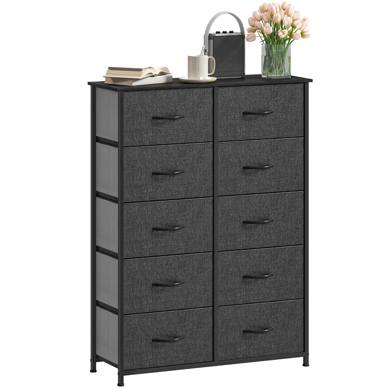 DWVO Chest of Drawers,Fabric Chest of Drawers Bedroom Cabinet with 10 Drawers,Dresser for Bedroom,Living Room With Handles,Wood Top and Sturdy Steel Frame, Black Grey