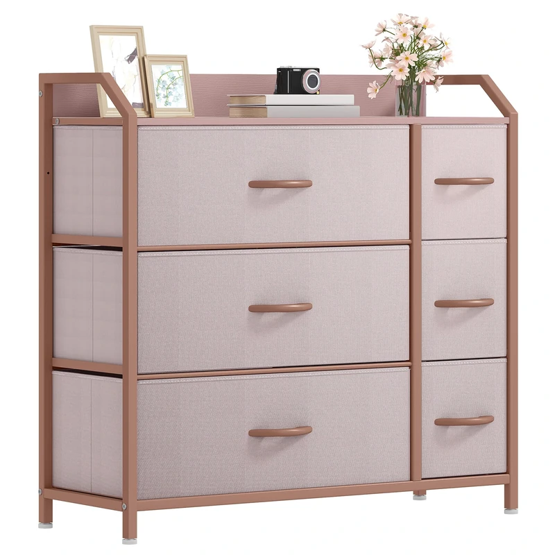 DWVO Chest of Drawers,Fabric Chest of Drawers Bedroom Cabinet with 6 Drawers,Dresser for Bedroom,Living Room With Handles,Wood Top and Sturdy Steel Frame,Pink