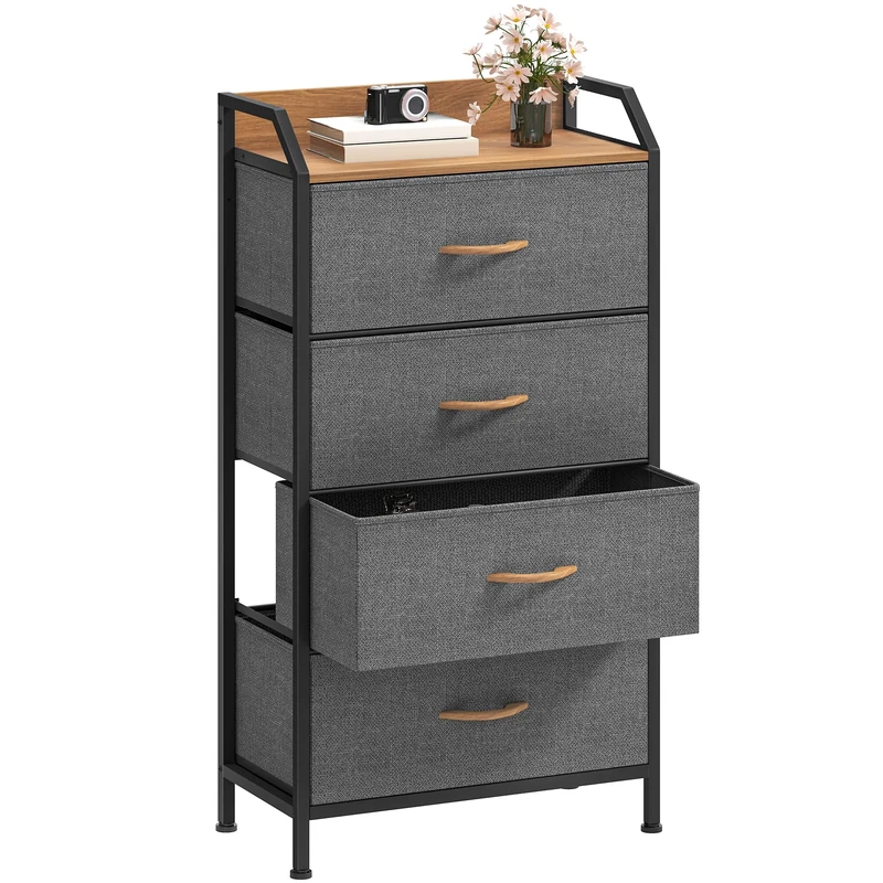 DWVO Chest of Drawers,Fabric Chest of Drawers Bedroom Cabinet with 4 Drawers,Dresser for Bedroom,Living Room With Handles,Wood Top and Sturdy Steel Frame,Dark Grey