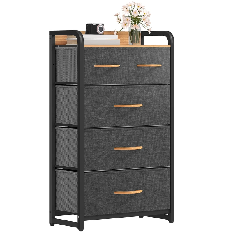 DWVO Chest of Drawers,Fabric Chest of Drawers Bedroom Cabinet with 5 Drawers,Dresser for Bedroom,Living Room With Handles,Wood Top and Sturdy Steel Frame,Dark Grey