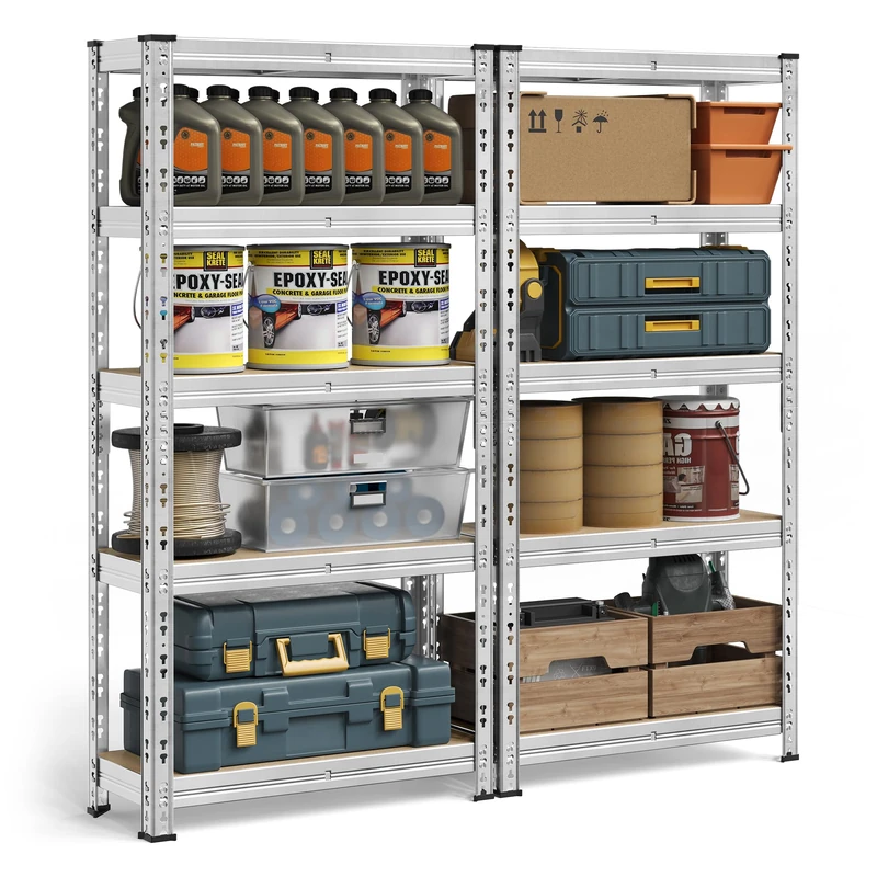 SONGMICS Heavy-Duty Storage Shelves, Set of 2, Garage Shelving Unit, 30 x 75 x 150 cm, Supports up to 875 kg, Easy Assembly, Storage Rack, Adjustable Shelves, Silver GLR451E01