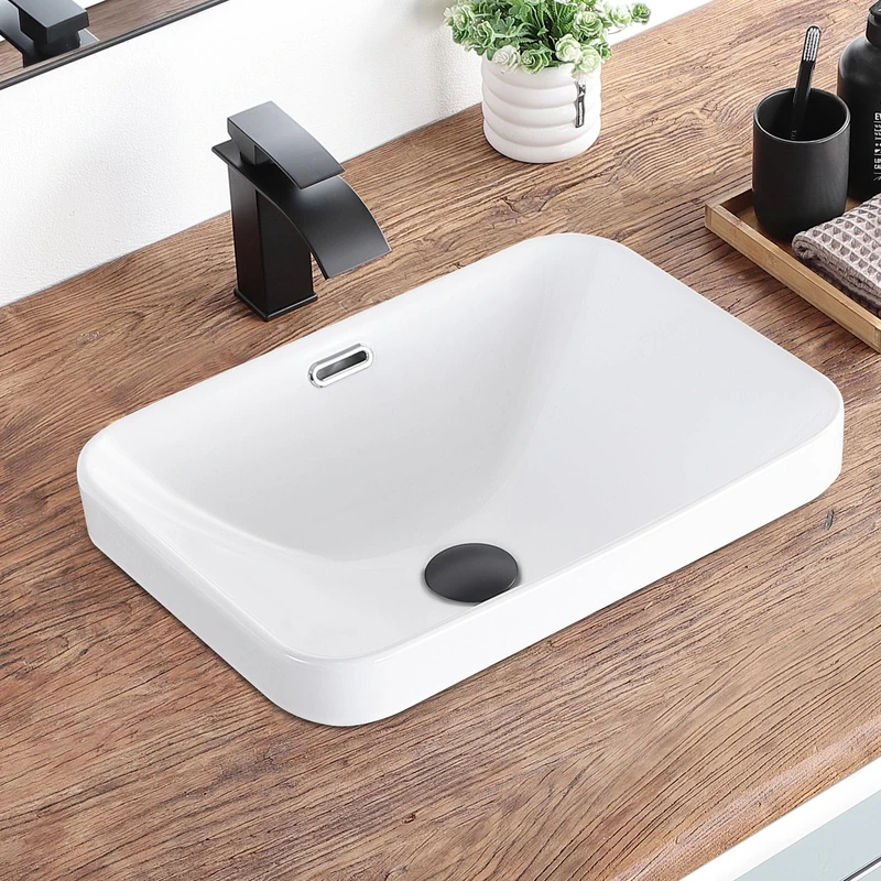 KDKSC Bathroom Vessel Sink 18.2'' x 13.3'' Small Semi Recessed Bathroom Sink Rectangular Drop in Sink with Overflow White Ceramic Modern Vessel Sinks for Bathroom