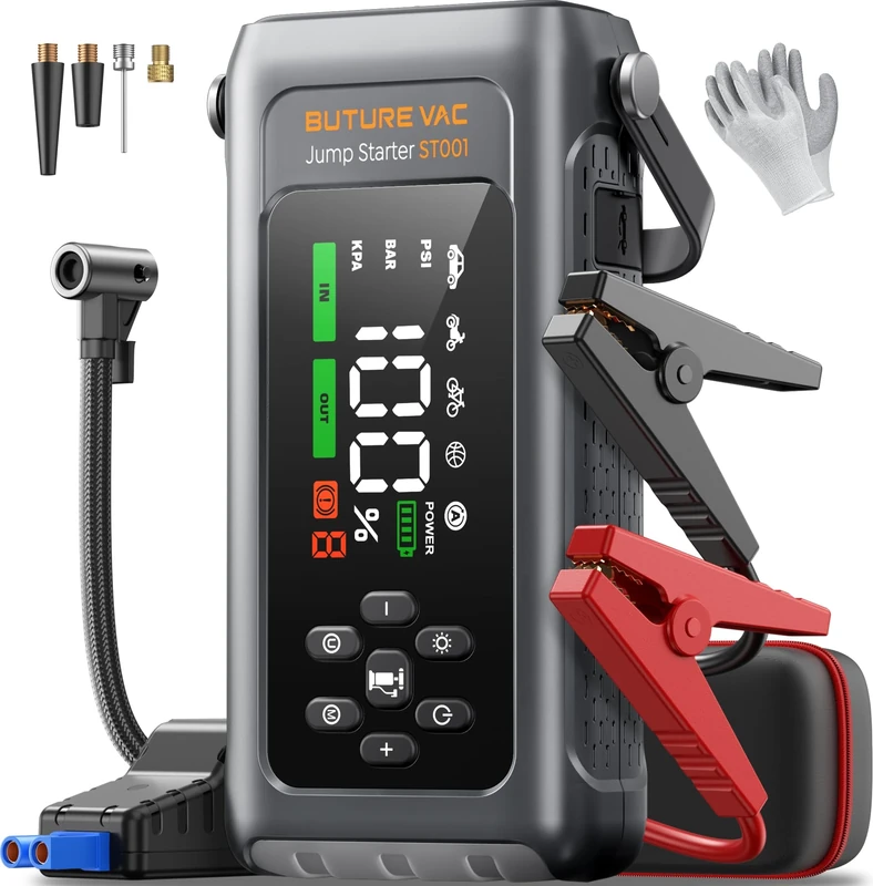 5000A Jump Starter Power Pack with 150PSI Air Compressor, Car Battery Booster Jump Starter for 12V Vehicle(Up to All Gas/9L Diesel), Jump Pack with Flashlight, Force Start, Gloves