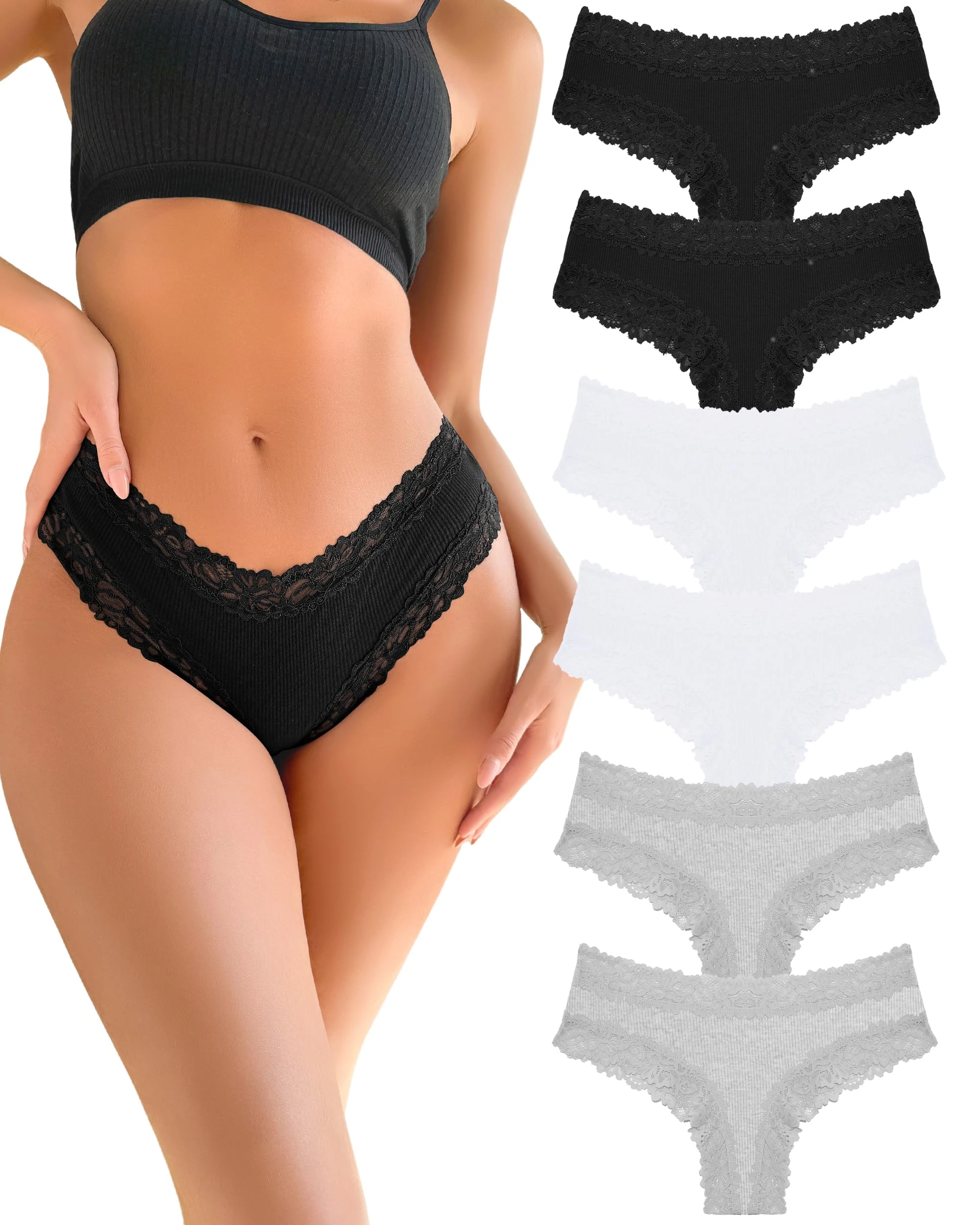 FINETOO Women's Cotton Lace Brazilian Briefs Women's Sexy Underwear Women Breathable Panties Hipster Multipack 6, E-6Pack, M