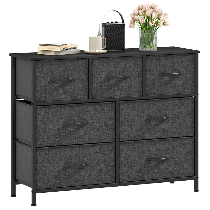 DWVO Wide Chest of Drawers,Fabric Chest of Drawers Bedroom Cabinet with 7 Drawers,Dresser for Bedroom,Living Room With Handles,Wood Top and Sturdy Steel Frame, Black Grey