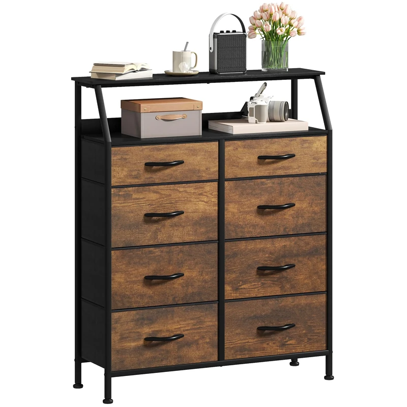 DWVO Chest of Drawers,Fabric Chest of Drawers Cabinet with 8 Drawers,Dresser for Bedroom,Living Room With Handles,Wood Top and Sturdy Steel Frame,Rustic Brown