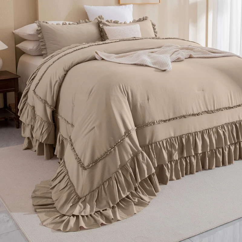 Masaca Ruffled Oversized King Comforter 128x120,3 Pieces Vintage Farmhouse Shabby Bedding Set Lightweight Ultra Soft French Country Light Taupe Bedding (1 Ruffle Comforter +2 Pillowcases)
