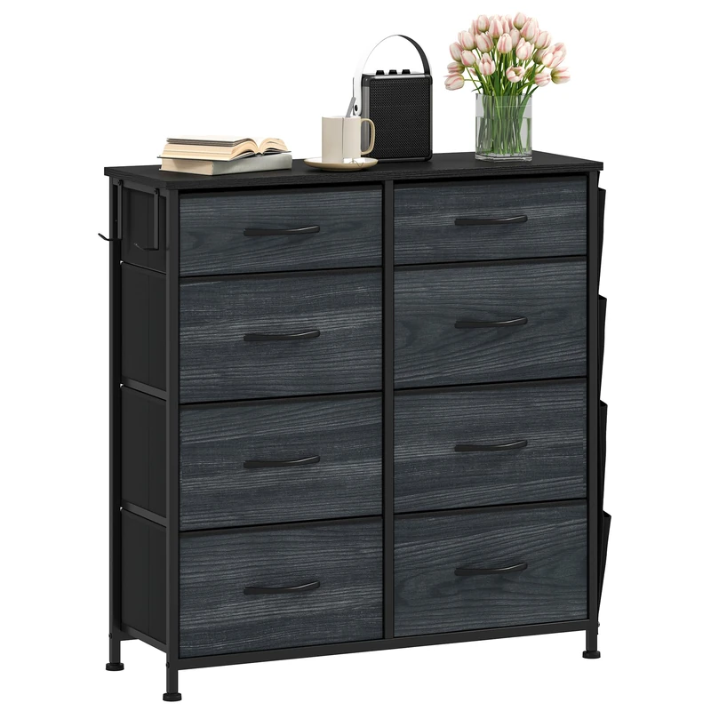 DWVO Chest of Drawers with 8 Drawers, Fabric Chest Drawers with Side Pocket&Hooks,Easy Pull Handle,Sturdy Steel Frame for Bedroom,Living Room,Charcoal Black Wood Grain